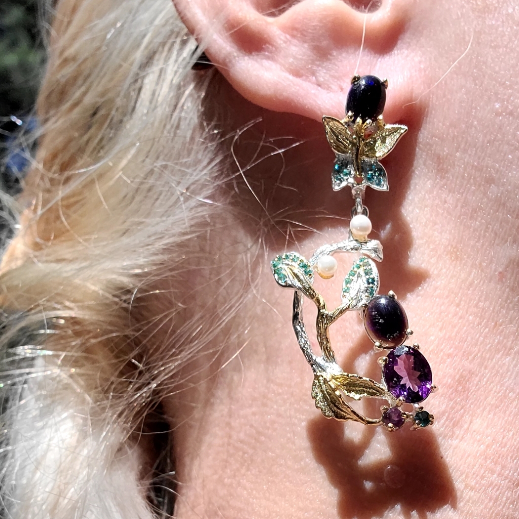 Incredible Fancy Floral Black Opal Aquamarine Amethyst Kyanite & Pearl Earrings